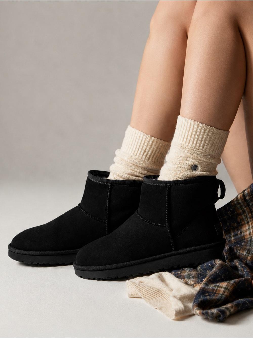 UGG Classic Mini II Black Suede Boots Women 7 NIB Sheepskin Water Resistant